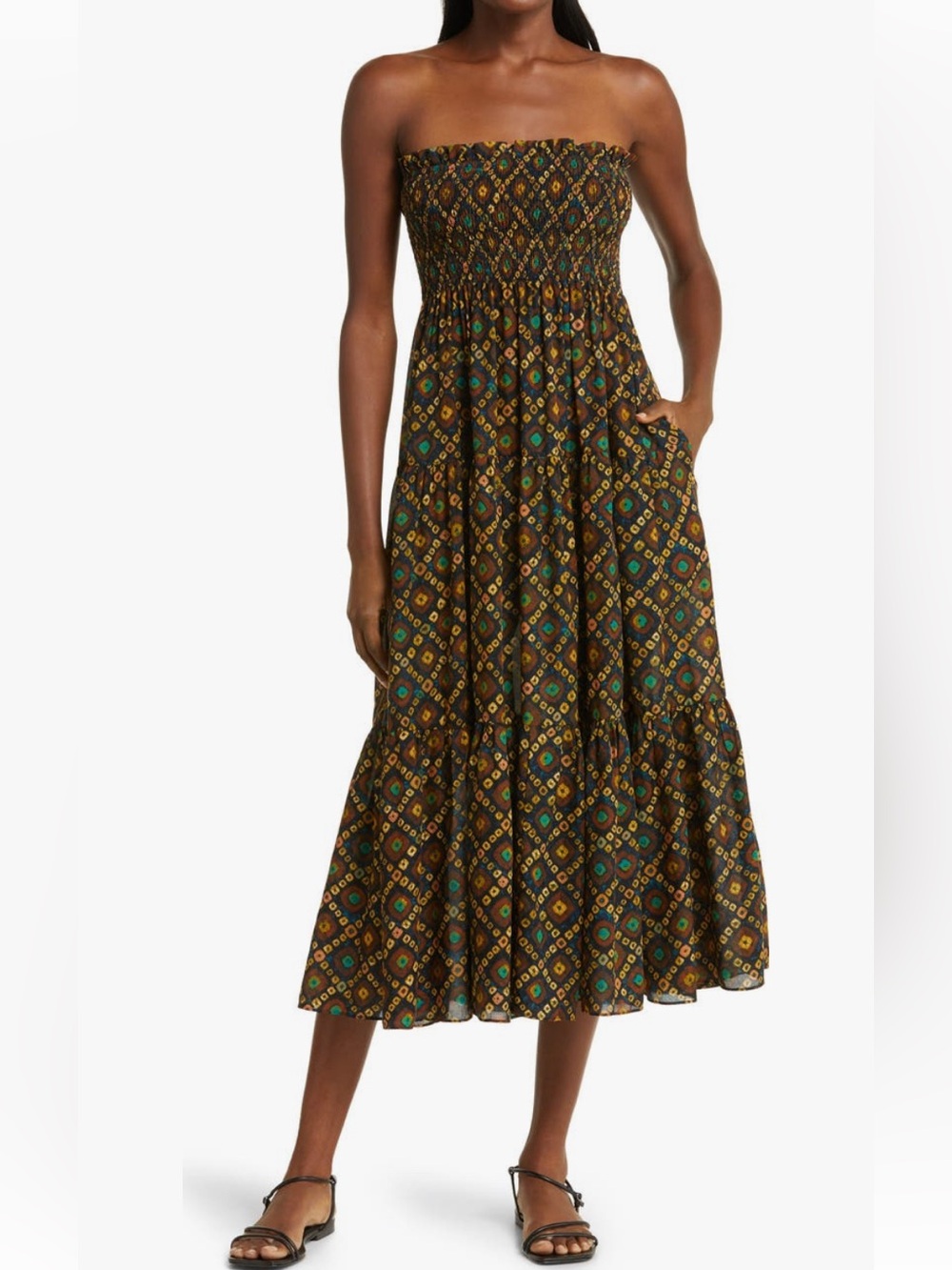 Ulla Johnson Smocked Strapless Midi Dress in Brown Geo Print